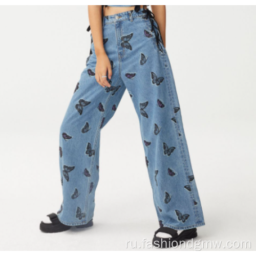 Пользовательские женские джинсы с широко распечатанными джинсами с бабочками